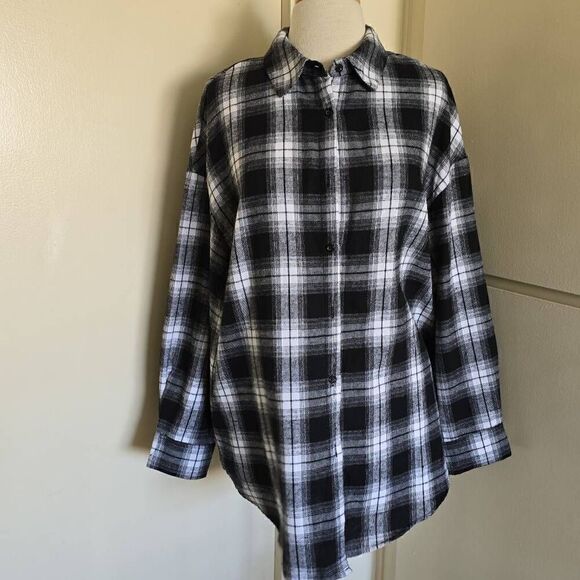 Shein Curve Blk/White Plaid FlannelPositive Vitality Button Down Shirt, NWOT, 1X - Picture 1 of 7